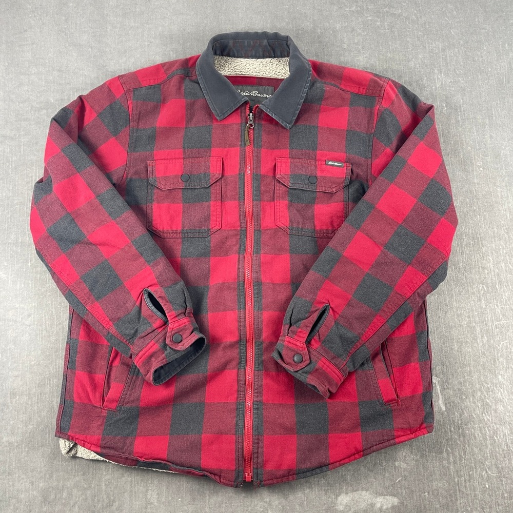 Eddie Bauer Mens L Red Buffalo Plaid Flannel Sherpa Lined Full Zip Shirt Jacket